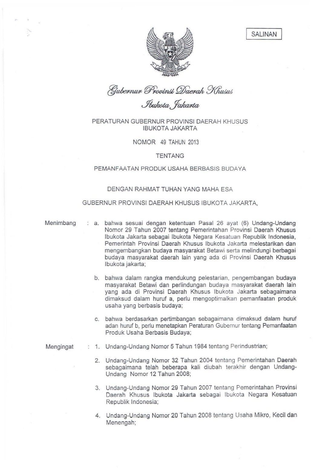 PERGUB PROVINSI DKI JAKARTA NO. 49 TAHUN 2013
